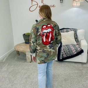 Upcycle Military Green Camo Lips Jacket